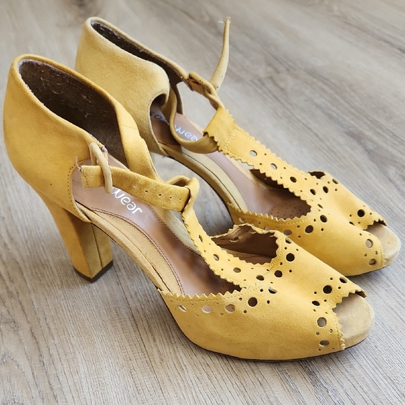 Clarks Shoes - Clarks Mustard Yellow Suede Peep-Toe T-Strap Heels